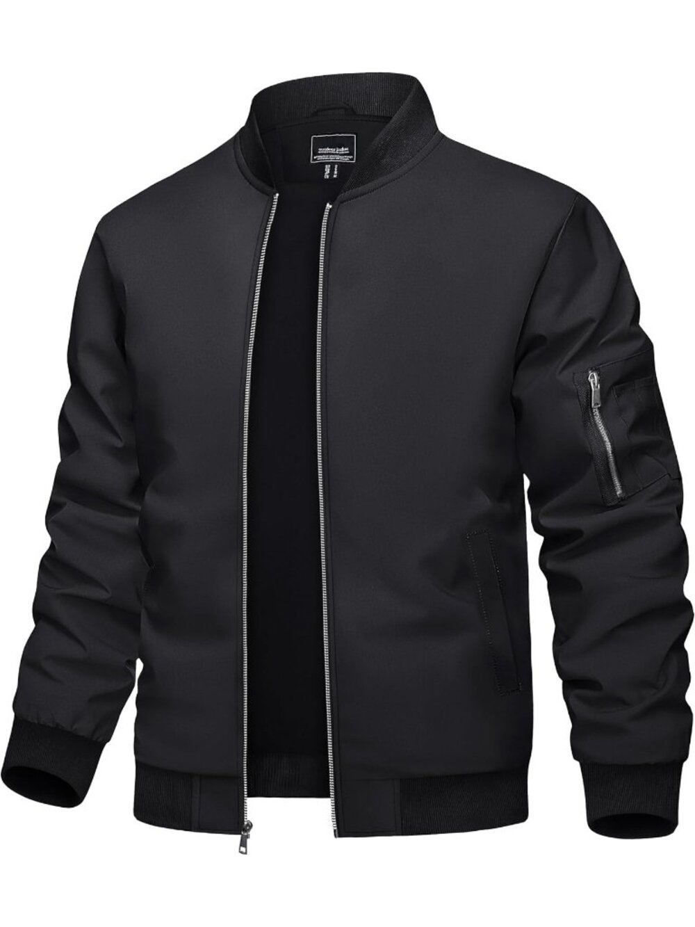 Men's Black Polyester Windbreaker Full Zipper Stand Collar Pockets Bomber Jacket